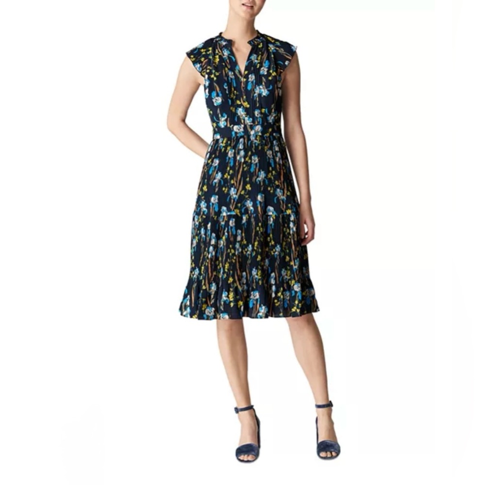 Whistles Celia Iris Print Pleated Dress Navy Floral Midi Size 2